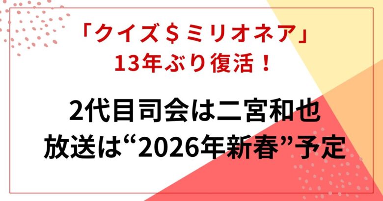 【速報】「クイズ＄ミリオネア」13年ぶり復活—2代目司会は二宮和也。放送は“2026年新春”予定